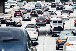 This photo shows heavy traffic on an interstate highway.